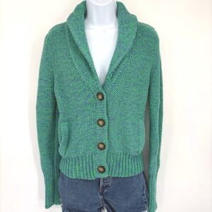 American Eagle Chunky Knit Shawl Collar Cardigan Sweater LG Green Blue Pockets